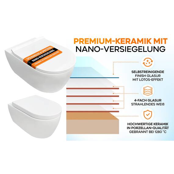NEG Design Hänge-WC Uno11RL-Slimline (55,5 cm) randlos & spritzfrei verdeckte Montage mit Nano-Versiegelung inkl. abnehmbarem Softclose WC-Sitz (extraflach)
