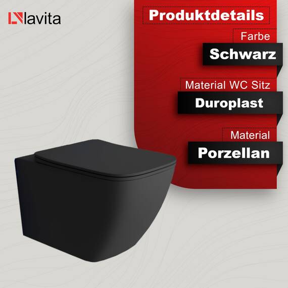 Lavita WC Set: Geberit Duofix Basic Vorwandelement + Wand Tiefspül WC Lago Schwarz Spülrandlos + WC Sitz + Bedienplatte Delta 25 Schwarzer Knopf Komplettset Unterputz Spülkasten Toilette Komplett Sett