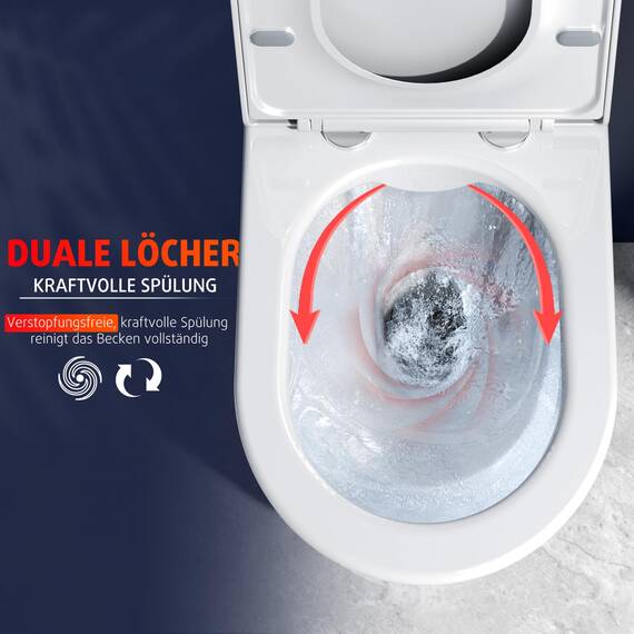 Rainsworth Spülrandlos Wand-WC Tiefspül Toilette - Hänge Toiletten mit effizienter Spültechnik, Kloschüssel inklusive WC-Sitz mit Absenkautomatik und Schnellspanner, Weiß, 48,5 cm lang