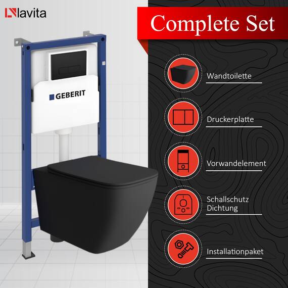 Lavita WC Set: Geberit Duofix Basic Vorwandelement + Wand Tiefspül WC Lago Schwarz Spülrandlos + WC Sitz + Bedienplatte Delta 25 Schwarzer Knopf Komplettset Unterputz Spülkasten Toilette Komplett Sett