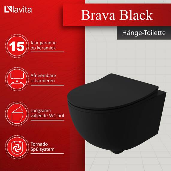Lavita Duofix Basic Vorwandelement + Wand Tiefspül WC Brava Schwarz Tornado Spülsystem + WC Sitz mit Absenkautomatik + Bedienplatte Delta 25 Schwarzer Knopf Komplettset Unterputz Toilette WC