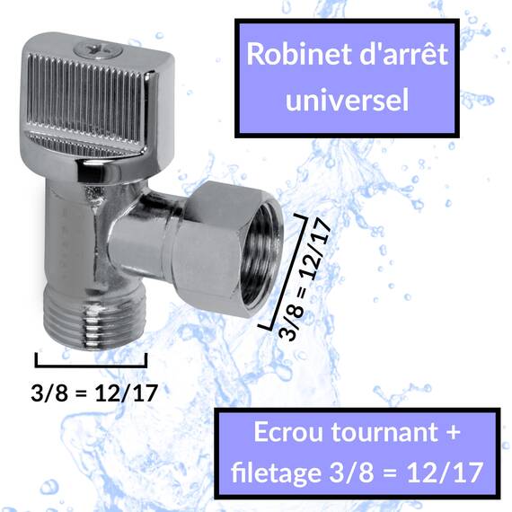 BYMEO,WC-Hahn, 3/8-Winkel, 1/4-Drehung Schnellverschluss, professionelle Sanitärausrüstung, geliefert mit 2 x 3/8-Faser-Dichtungen + feinem Schmirgelleinen, passend für alle Toilettenarten.