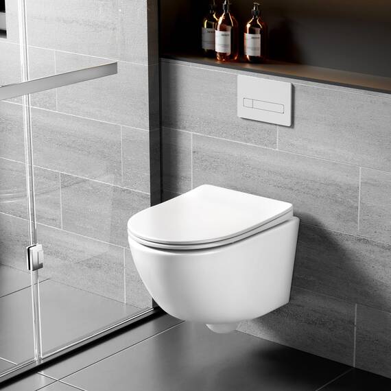 Rainsworth Wand WC Spülrandlos - Hänge Toilette Kraftvolle Spülung, mit effizienter Spültechnik, Kloschüssel inklusive WC-Sitz mit Absenkautomatik und Schnellspanner, Weiß, 48,5 cm