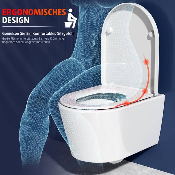Rainsworth Spülrandlos Wand-WC Tiefspül Toilette - Hänge Toiletten mit effizienter Spültechnik, Kloschüssel inklusive WC-Sitz mit Absenkautomatik und Schnellspanner, Weiß, 48,5 cm lang