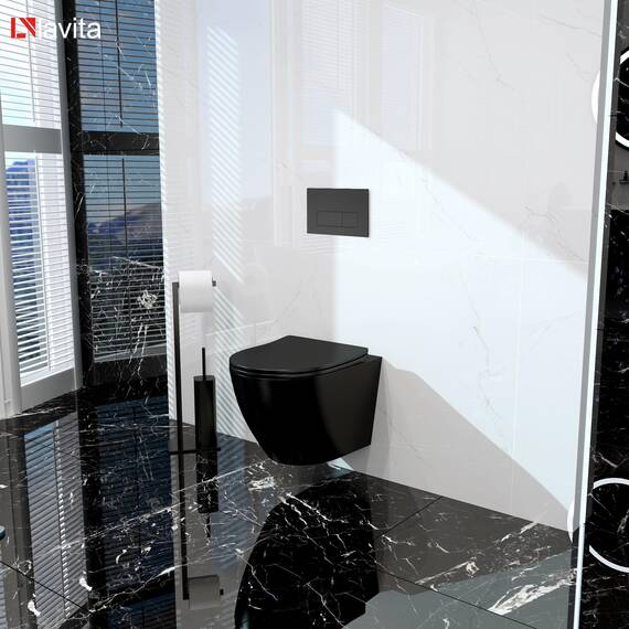 Lavita Duofix Basic Vorwandelement + Wand Tiefspül WC Brava Schwarz Tornado Spülsystem + WC Sitz mit Absenkautomatik + Bedienplatte Delta 25 Schwarzer Knopf Komplettset Unterputz Toilette WC