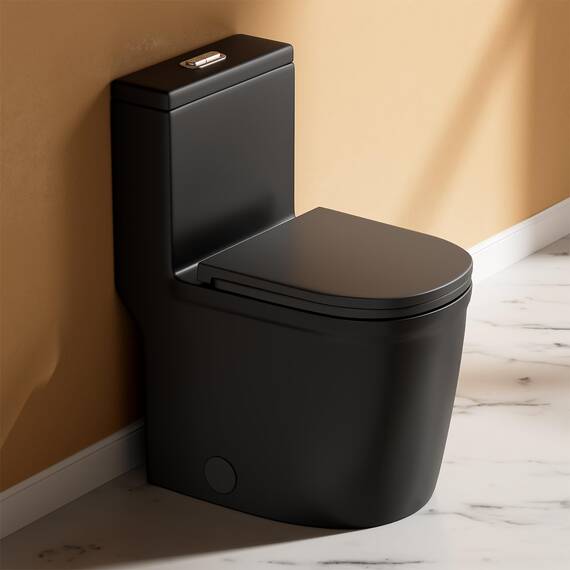 WinZo WZ5079B Kompaktes einteiliges WC, 57,9 cm tief, modernes kurzes Design, Doppelspülung, für kleine Mini-Badezimmer, 30,5 cm, rauh, mattschwarz