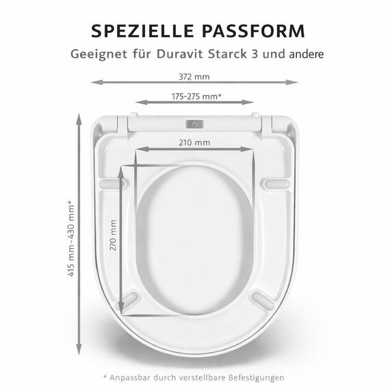 Bullseat WC Sitz passend für Duravit Starck 2, Starck 3 & me by Starck | Toilettendeckel mit Softclose Absenkautomatik | Abnehmbar mit Quick-Release | Antibakterieller Duroplast | Edelstahlbefestigung