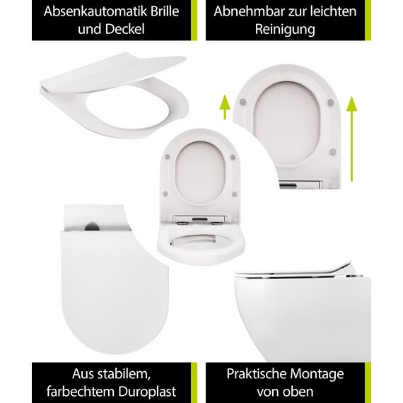 'aquaSu® Wand-WC Spülrandlos 2.0 | innovative Swirl Spültechnik | Spritzfrei & leise | Umweltfreundlich | Wasserzulauf seitlich | WC-Set Tondo | WC-Sitz mit Absenkautomatik | Duroplast Weiß | 04997 9