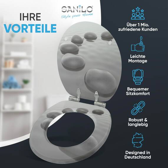 Sanilo WC Sitz mit Absenkautomatik, viele neue Toilettendeckel zur Auswahl, hochwertige Oberfläche, einfache Montage, stabile Scharniere (Black Stones)
