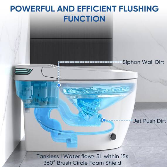 SPOWAY Smart Toilette, längliches, einteiliges Bidet-WC mit eingebautem Bidet, Tankless Smart Bidet Toilette mit Auto Open Close, Fußsensor, beheizter Sitz, LED-Display, Nachtlicht, Dual Flush