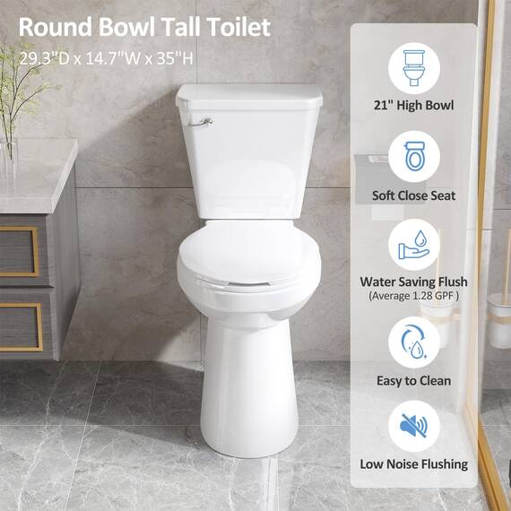 Simple Project 53,3 cm hohe Toilette, länglich mit Komfortstuhlsitz, 1,28 GPF, leistungsstark, Einzelspülung, extra hohe Toilette, 30,5 cm grobe Toilette, komfortable Höhe, Toilette für Senioren und