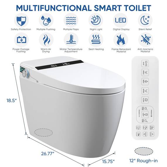 SPOWAY Smart Toilette, längliches, einteiliges Bidet-WC mit eingebautem Bidet, Tankless Smart Bidet Toilette mit Auto Open Close, Fußsensor, beheizter Sitz, LED-Display, Nachtlicht, Dual Flush