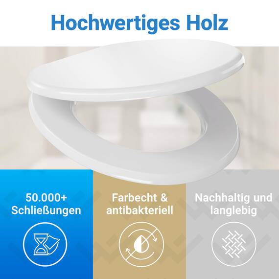 LOBENSWERK Toilettendeckel mit Absenkautomatik Holz [Einfache Montage] mit Edelstahlscharnieren | antibakteriell | Quick-Release-Funktion | Klobrille mit Holzkern, Klodeckel Holz, Weiß Glanz
