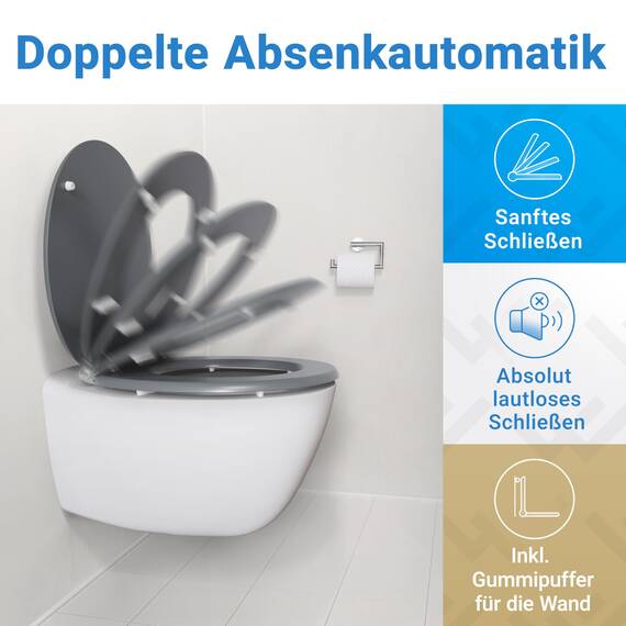 LOBENSWERK Toilettendeckel mit Absenkautomatik Holz [Einfache Montage] mit Soft-Touch-Legierung | antibakteriell | Quick-Release-Funktion | Klobrille mit Holzkern, Klodeckel, WC Sitz Grau Matt