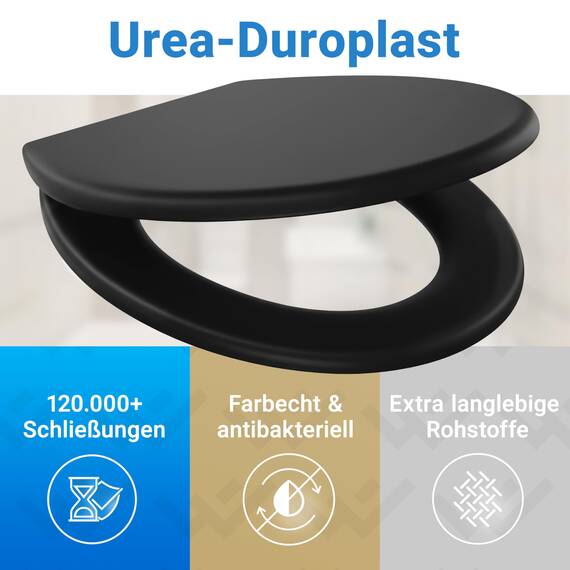 LOBENSWERK Toilettendeckel Schwarz Matt Einfache Montage] antibakteriell & UV-beständig | Quick-Release-Funktion | Klodeckel, Klobrille, WC Sitz inkl. Installationsschablone