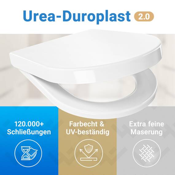 LOBENSWERK WC Sitz D Form [LANG] einfache Montage | Toilettendeckel mit Absenkautomatik | WC-Sitz D-Form, Klodeckel, Klobrille, antibakteriell & UV-beständig inkl. Installationsschablone
