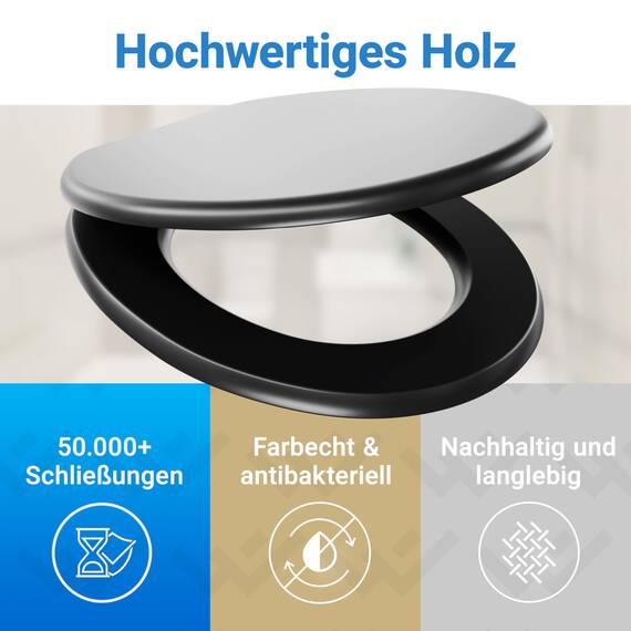 LOBENSWERK Toilettendeckel mit Absenkautomatik Holz [Einfache Montage] mit Soft-Touch-Legierung | antibakteriell | Quick-Release-Funktion | Klobrille mit Holzkern, WC Sitz, Klodeckel Schwarz Matt