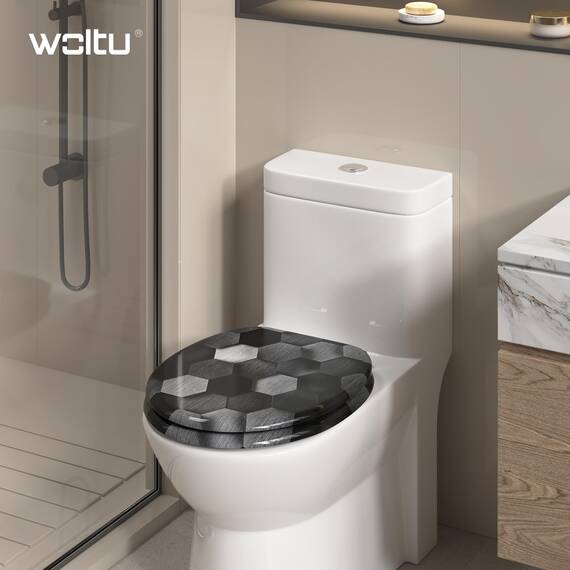 WOLTU Toilettendeckel mit Absenkautomatik, WC Sitz O Form MDF, Klodeckel mit Motiv, Klobrille Toilettenbrille WC Deckel, einfache Montage von unten, bis 175 kg Belastbar