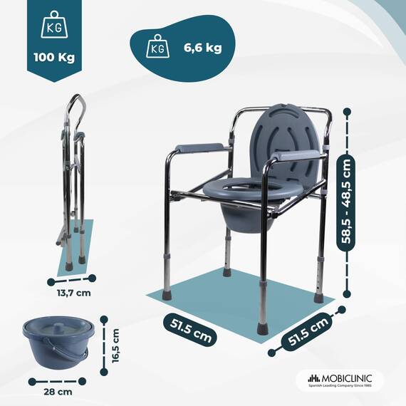 Mobiclinic®, Toilettenstuhl, Toilettensitz, Stahl, Puente, Mit Deckel, Wc Sitz, Höhenverstellbar, Máx. 100 Kg, Eimer Leicht Herauszuziehen, Armlehne, Grau