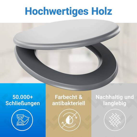 LOBENSWERK Toilettendeckel mit Absenkautomatik Holz [Einfache Montage] mit Soft-Touch-Legierung | antibakteriell | Quick-Release-Funktion | Klobrille mit Holzkern, Klodeckel, WC Sitz Grau Matt