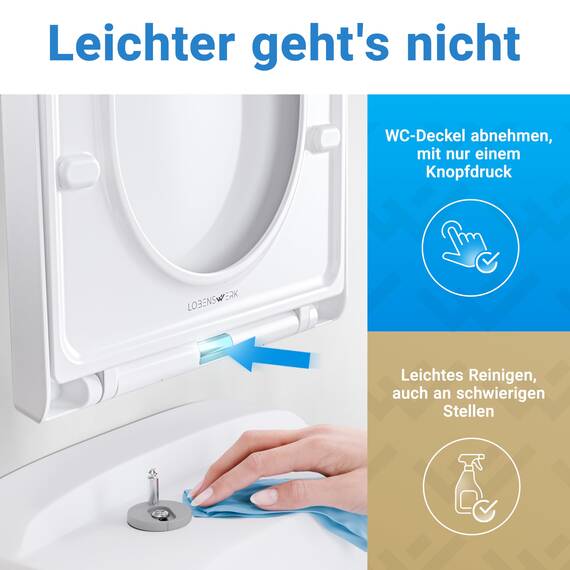 LOBENSWERK Toilettendeckel D Form [KURZ] einfache Montage | Klodeckel mit Absenkautomatik | Toilettendeckel, Klobrille, Toilettensitz antibakteriell & UV-beständig inkl. Installationsschablone