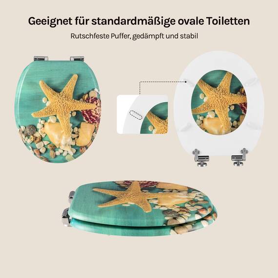 WOLTU Premium WC-Sitz Toilettensitz mit Absenkautomatik, MDF Holzkern, Softclose Scharnier, Antibakteriell, Desgin Décor Groß Seestern Oval