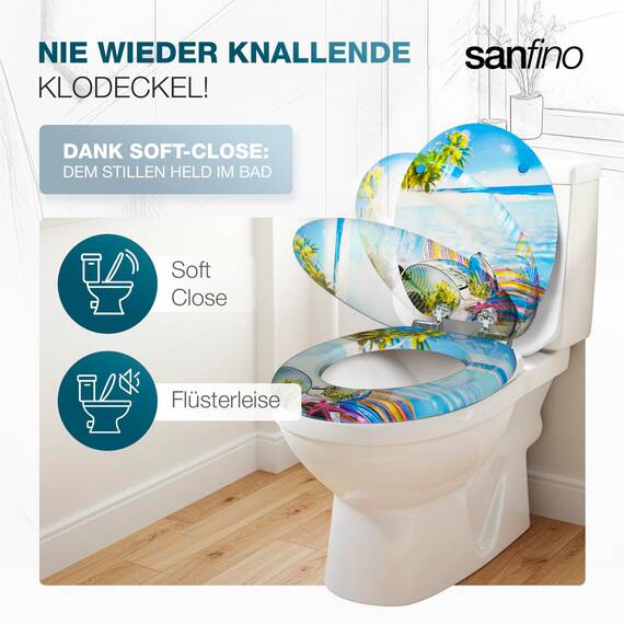 SANFINO® Premium WC Sitz mit Absenkautomatik – hochwertige Toilettendeckel aus Holz, viele bunte Motive, hoher Sitzkomfort, einfache Montage inklusive Montageanleitung – "Hawaii"
