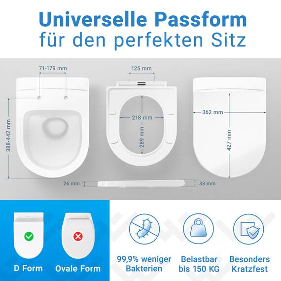 LOBENSWERK Toilettendeckel D Form [KURZ] einfache Montage | Klodeckel mit Absenkautomatik | Toilettendeckel, Klobrille, Toilettensitz antibakteriell & UV-beständig inkl. Installationsschablone