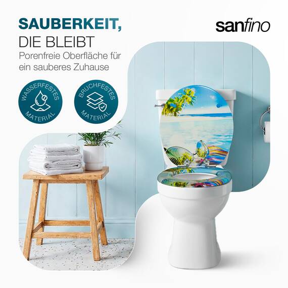 SANFINO® Premium WC Sitz mit Absenkautomatik – hochwertige Toilettendeckel aus Holz, viele bunte Motive, hoher Sitzkomfort, einfache Montage inklusive Montageanleitung – "Hawaii"
