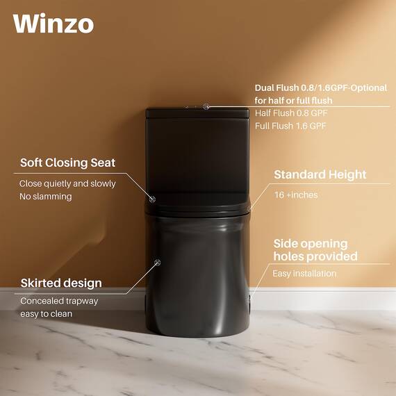 WinZo WZ5079B Kompaktes einteiliges WC, 57,9 cm tief, modernes kurzes Design, Doppelspülung, für kleine Mini-Badezimmer, 30,5 cm, rauh, mattschwarz