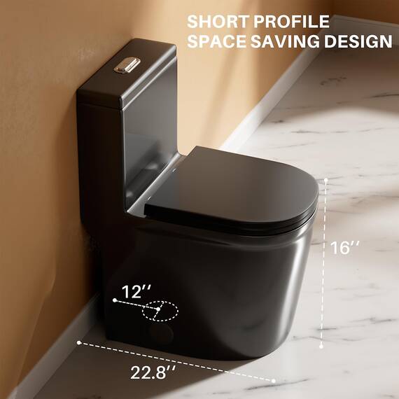WinZo WZ5079B Kompaktes einteiliges WC, 57,9 cm tief, modernes kurzes Design, Doppelspülung, für kleine Mini-Badezimmer, 30,5 cm, rauh, mattschwarz