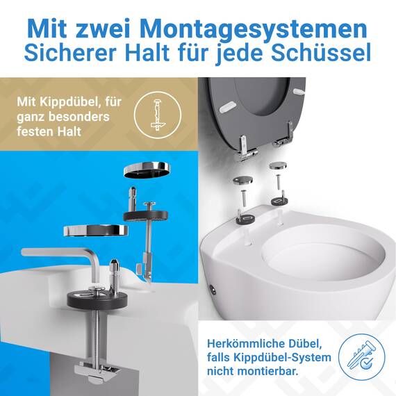 LOBENSWERK Toilettendeckel mit Absenkautomatik Holz [Einfache Montage] mit Soft-Touch-Legierung | antibakteriell | Quick-Release-Funktion | Klobrille mit Holzkern, Klodeckel, WC Sitz Grau Matt