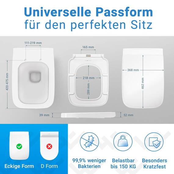 LOBENSWERK Toilettendeckel Eckig [Einfache Montage] passgenau zu Keramag Renova Nr 1 WC Sitz | Mit Absenkautomatik, antibakteriell & UV-beständig | Klodeckel, Klobrille inkl. Installationsschablone