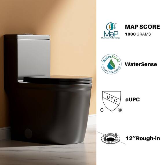 WinZo WZ5079B Kompaktes einteiliges WC, 57,9 cm tief, modernes kurzes Design, Doppelspülung, für kleine Mini-Badezimmer, 30,5 cm, rauh, mattschwarz