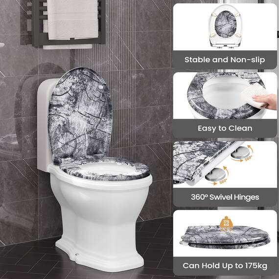 WOLTU Toilettendeckel, Klodeckel mit Absenkautomatik, WC Sitz mit Quick-Release-Funktion, Klobrille O-Form mit Motiv, Montage von oben zu unten, 175 kg belastbar