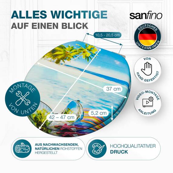 SANFINO® Premium WC Sitz mit Absenkautomatik – hochwertige Toilettendeckel aus Holz, viele bunte Motive, hoher Sitzkomfort, einfache Montage inklusive Montageanleitung – "Hawaii"