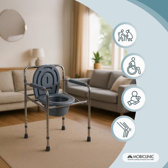 Mobiclinic®, Toilettenstuhl, Toilettensitz, Stahl, Puente, Mit Deckel, Wc Sitz, Höhenverstellbar, Máx. 100 Kg, Eimer Leicht Herauszuziehen, Armlehne, Grau