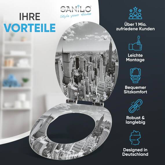 Sanilo WC Sitz mit Absenkautomatik, viele schöne schwarze Toilettendeckel zur Auswahl, hochwertige und stabile Qualität aus Holz (Skyline New York)