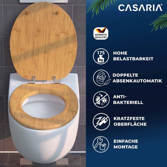CASARIA® Toilettendeckel mit doppelter Absenkautomatik MDF rostfreie Metall Scharniere WC Sitz 175kg Belastbar Antibakteriell Toilettensitz Bambus