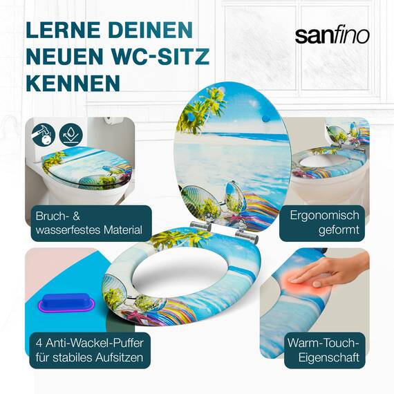 SANFINO® Premium WC Sitz mit Absenkautomatik – hochwertige Toilettendeckel aus Holz, viele bunte Motive, hoher Sitzkomfort, einfache Montage inklusive Montageanleitung – "Hawaii"