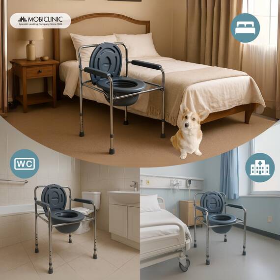Mobiclinic®, Toilettenstuhl, Toilettensitz, Stahl, Puente, Mit Deckel, Wc Sitz, Höhenverstellbar, Máx. 100 Kg, Eimer Leicht Herauszuziehen, Armlehne, Grau
