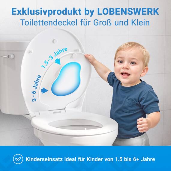 LOBENSWERK Toilettendeckel mit Kindersitz [Einfache Montage] Oval, antibakteriell & UV-beständig | Klodeckel mit Kindereinsatz, Toilettensitz mit Kindersitz integriert inkl. Installationsschablone
