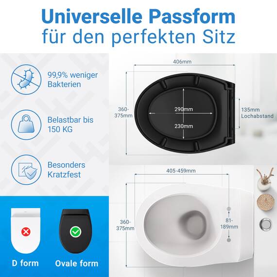 LOBENSWERK Toilettendeckel Schwarz Matt Einfache Montage] antibakteriell & UV-beständig | Quick-Release-Funktion | Klodeckel, Klobrille, WC Sitz inkl. Installationsschablone
