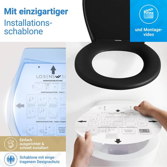 LOBENSWERK Toilettendeckel Schwarz Matt Einfache Montage] antibakteriell & UV-beständig | Quick-Release-Funktion | Klodeckel, Klobrille, WC Sitz inkl. Installationsschablone