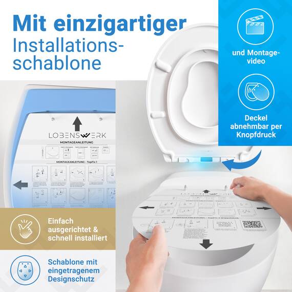 LOBENSWERK Toilettendeckel mit Kindersitz [Einfache Montage] Oval, antibakteriell & UV-beständig | Klodeckel mit Kindereinsatz, Toilettensitz mit Kindersitz integriert inkl. Installationsschablone