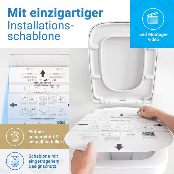 LOBENSWERK Toilettendeckel Eckig [Einfache Montage] passgenau zu Keramag Renova Nr 1 WC Sitz | Mit Absenkautomatik, antibakteriell & UV-beständig | Klodeckel, Klobrille inkl. Installationsschablone