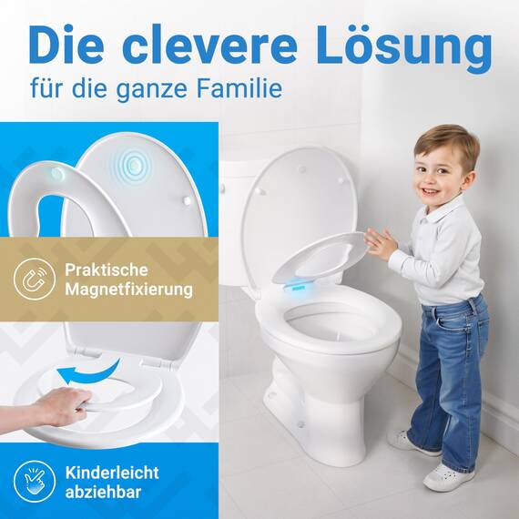 LOBENSWERK Toilettendeckel mit Kindersitz [Einfache Montage] Oval, antibakteriell & UV-beständig | Klodeckel mit Kindereinsatz, Toilettensitz mit Kindersitz integriert inkl. Installationsschablone