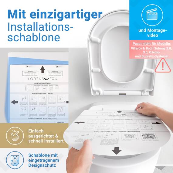 LOBENSWERK WC Sitz D Form [LANG] einfache Montage | Toilettendeckel mit Absenkautomatik | WC-Sitz D-Form, Klodeckel, Klobrille, antibakteriell & UV-beständig inkl. Installationsschablone