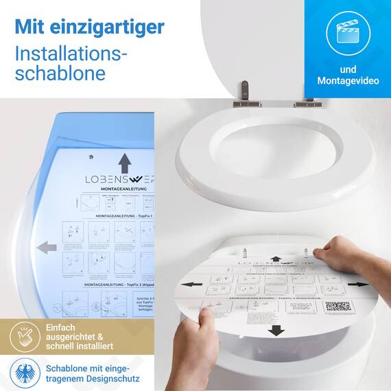 LOBENSWERK Toilettendeckel mit Absenkautomatik Holz [Einfache Montage] mit Edelstahlscharnieren | antibakteriell | Quick-Release-Funktion | Klobrille mit Holzkern, Klodeckel Holz, Weiß Glanz