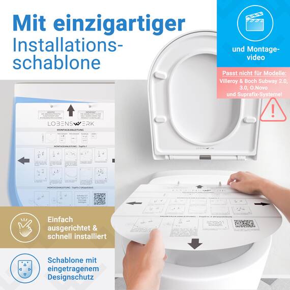 LOBENSWERK Toilettendeckel D Form [KURZ] einfache Montage | Klodeckel mit Absenkautomatik | Toilettendeckel, Klobrille, Toilettensitz antibakteriell & UV-beständig inkl. Installationsschablone